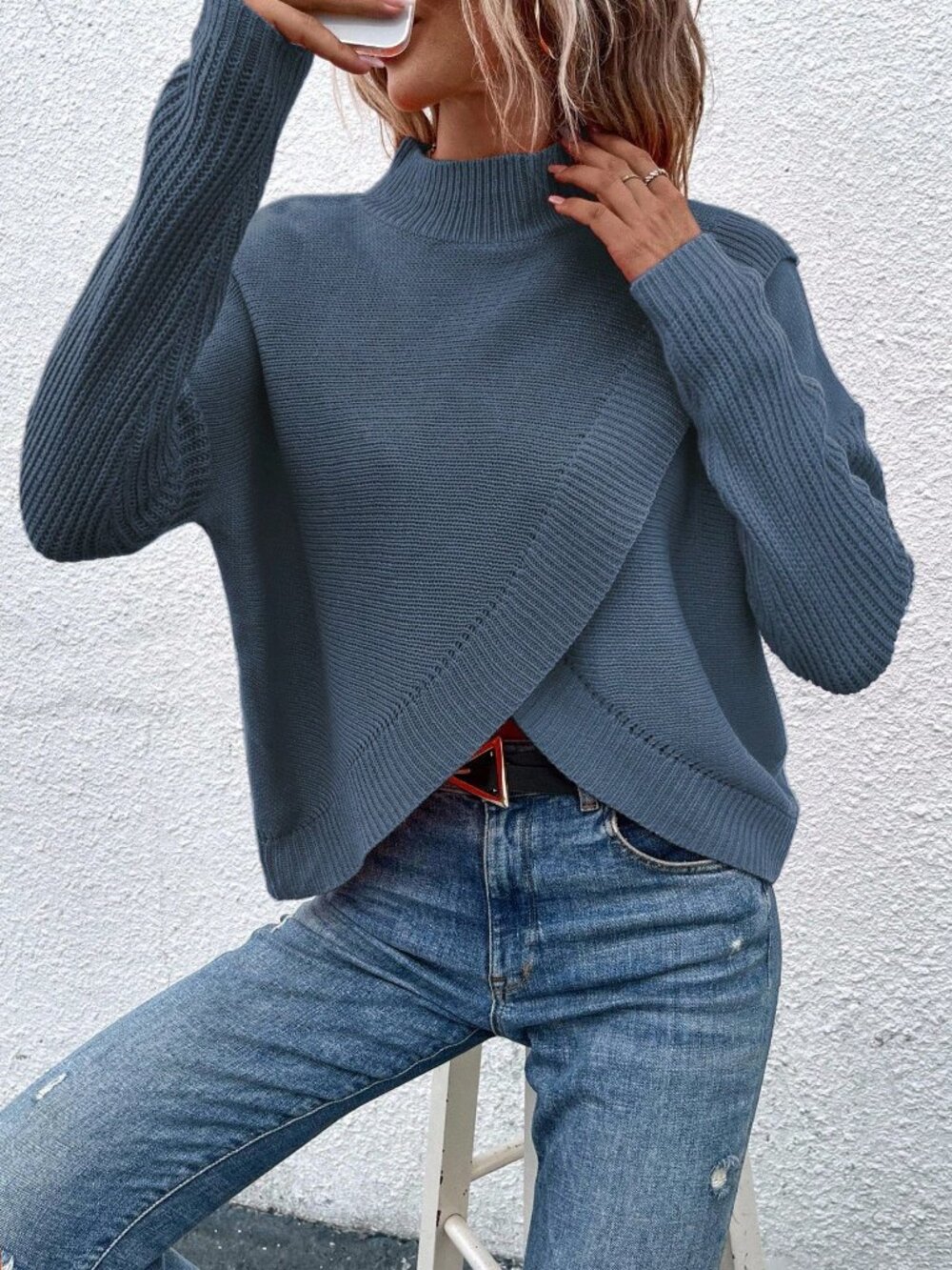 Blue Casual Women's Stand Collar Long Sleeve Asymmetric Hem Pullover Sweater
